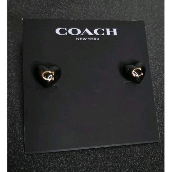 NEW COACH Women Signature C Heart Stud Earrings Black Gold - Picture 2 of 5